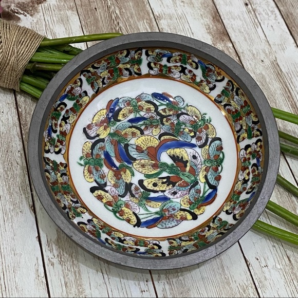 T.F.F. Japanese Porcelain Ware Handpainted Butterfly Pewter Encased 6” Bowl